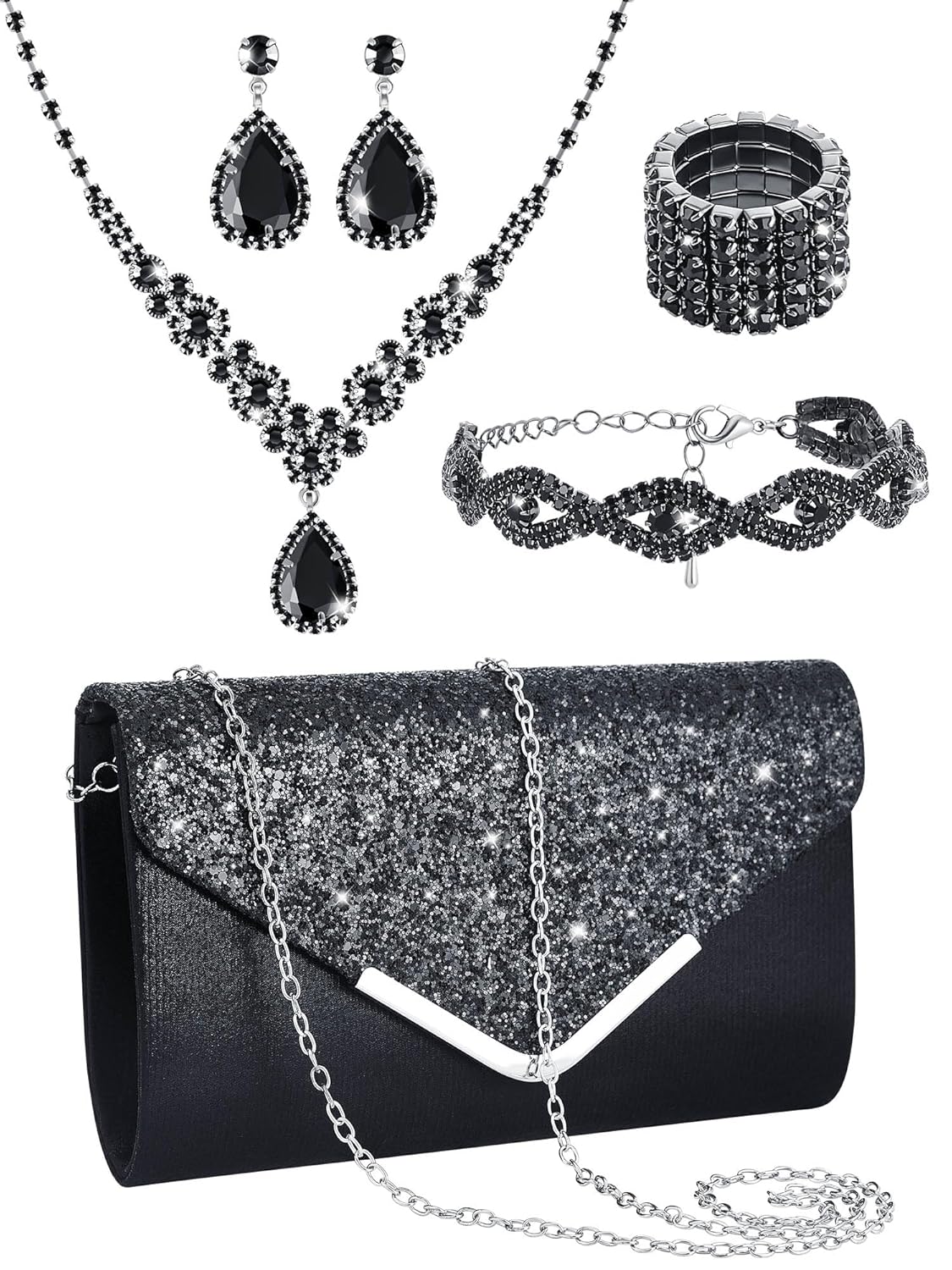 Henoyso 5 Pcs Rhinestone Jewelry Sets Prom Purse Jewelry Rhinestone Clutch Purse Bride Necklace Earrings Bracelets for Women