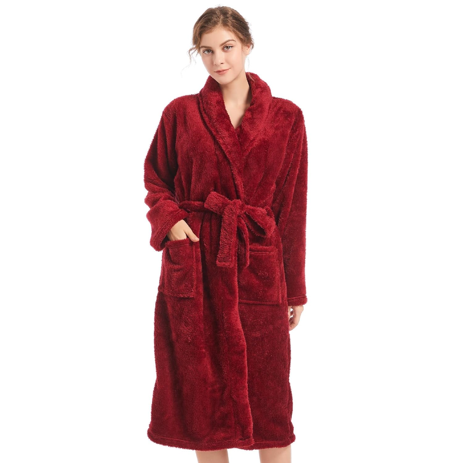 Inner Wish Womens Plush Fleece Robe, Cozy Warm Bathrobe Fuzzy Female Spa Robe With Pockets