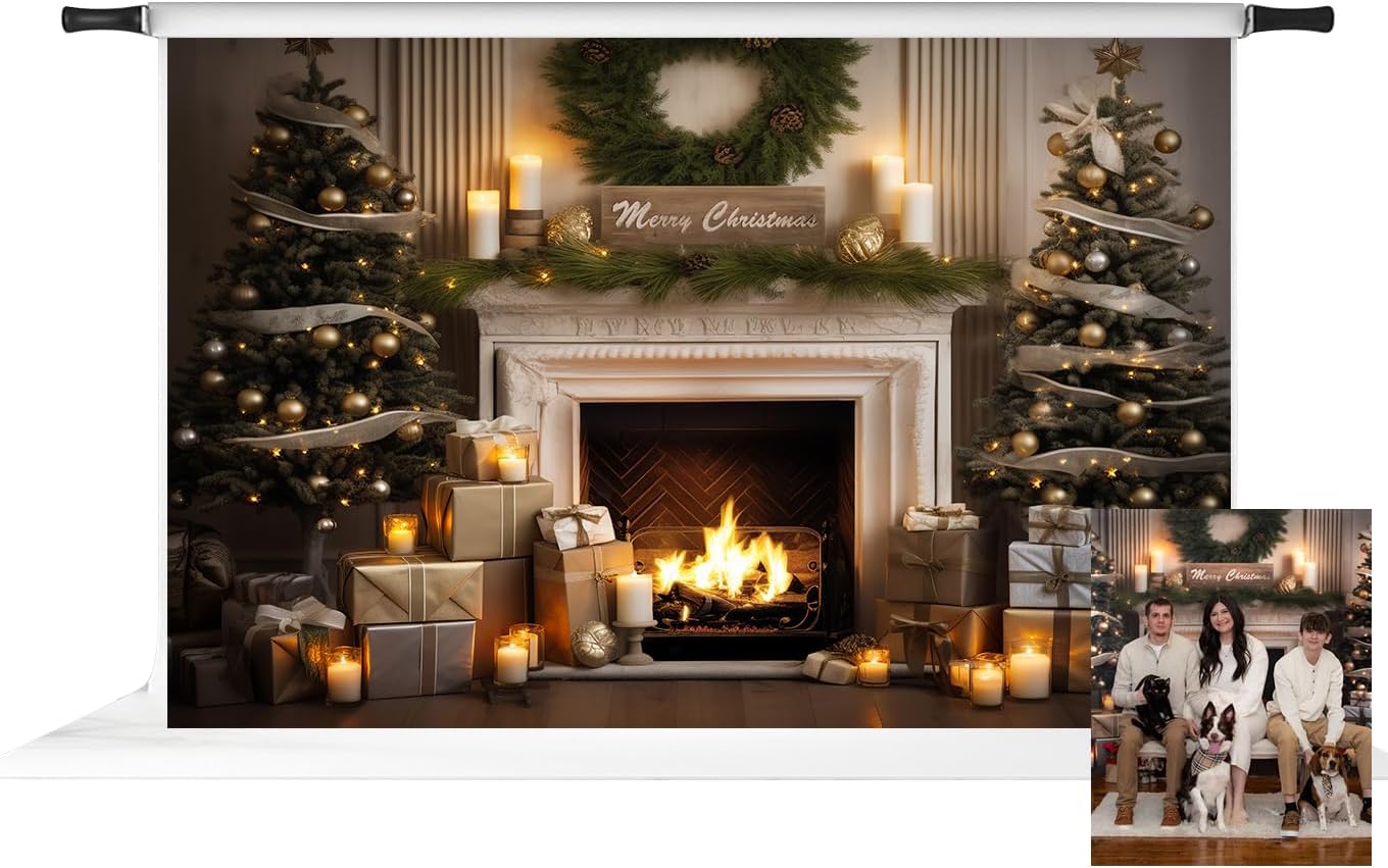 Kate Christmas Fireplace Backdrops Xmas Trees Gift Home Party Decor Photo Fabric Background Photo Booth Props (10x6.5ft)
