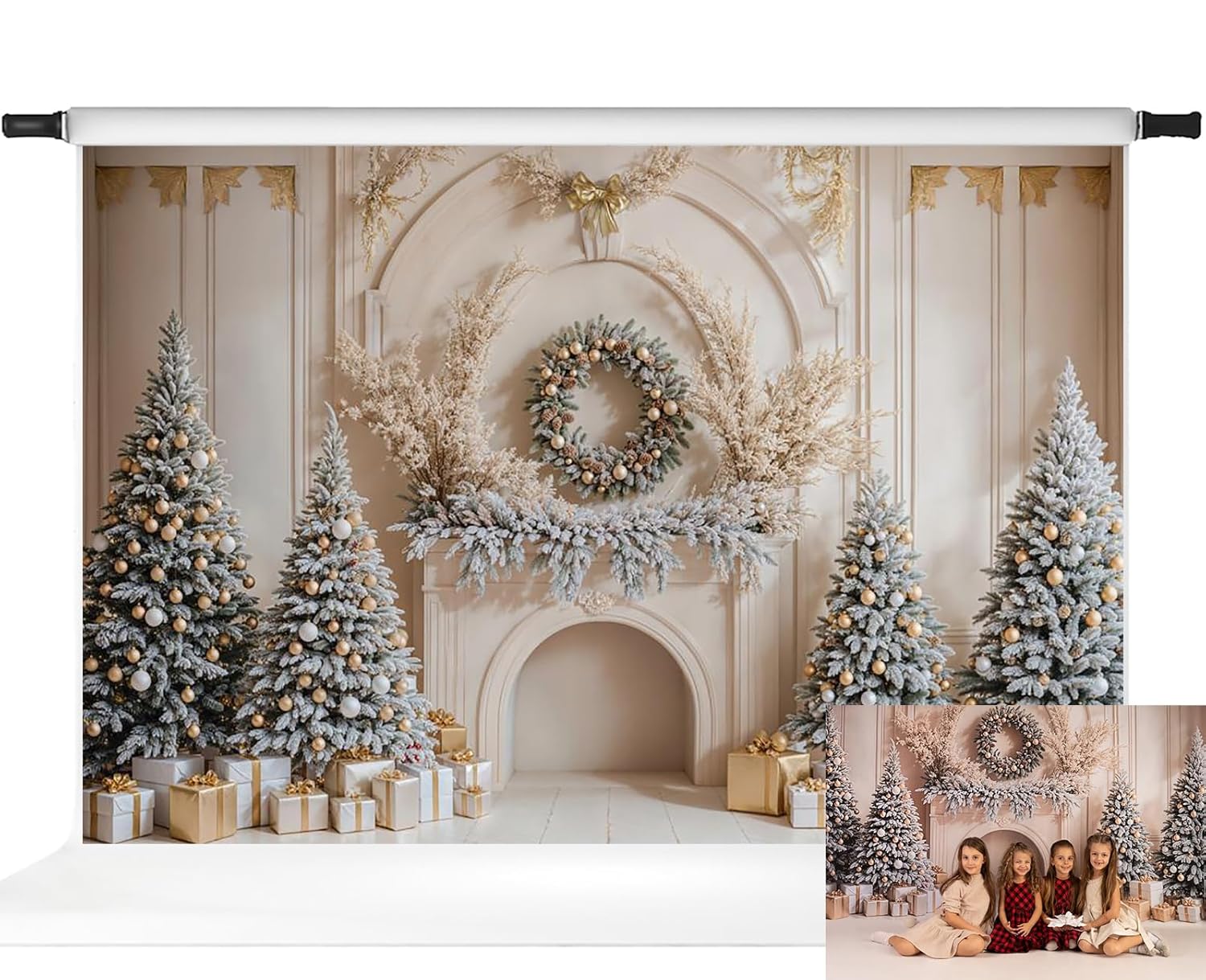 Kate Christmas Fireplace Photography Backdrops Boho Xmas Trees Gift Box Holiday Party Decor Suppllies Photo Props, 10x6.5ft