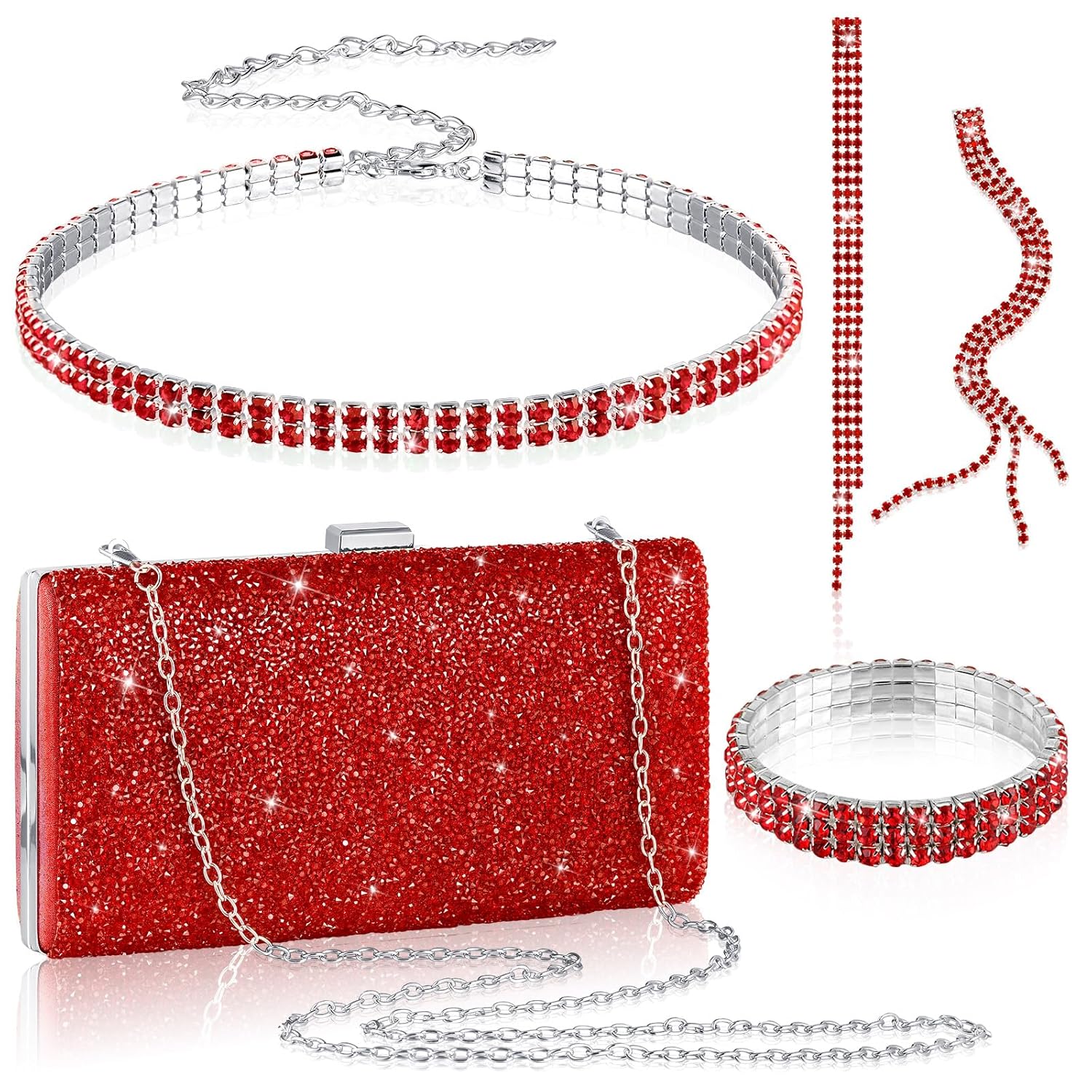 Kigeli 4 Pieces Women Rhinestone Evening Clutch Bag Bling Earring Necklace Bracelet for Wedding Formal