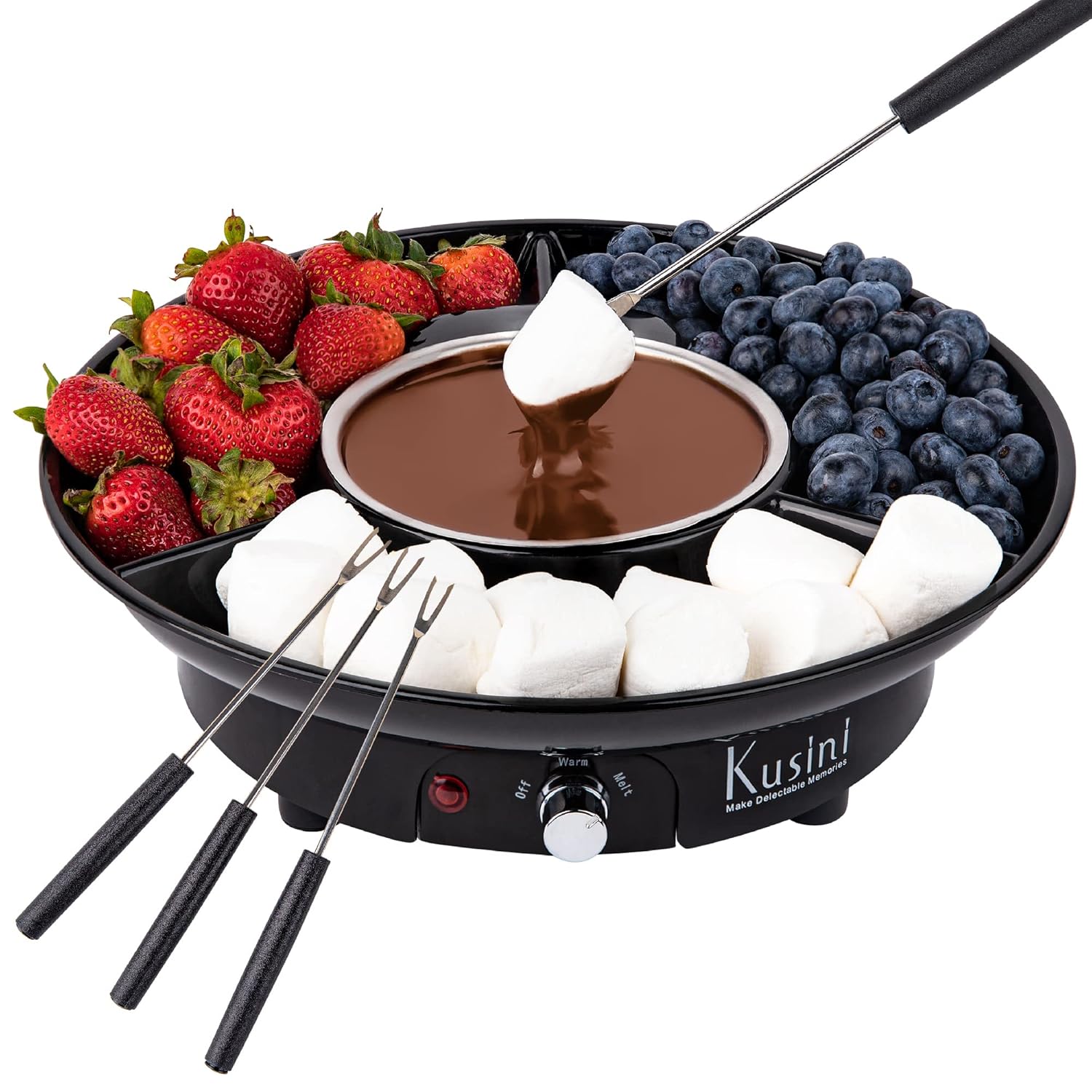 Kusini Electric Fondue Pot Set - Chocolate Fondue Kit - Temperature Control, Detachable Serving Trays, & 4 Roasting Forks - Gift Set & Date Night Idea. Serve at Movie Night or...