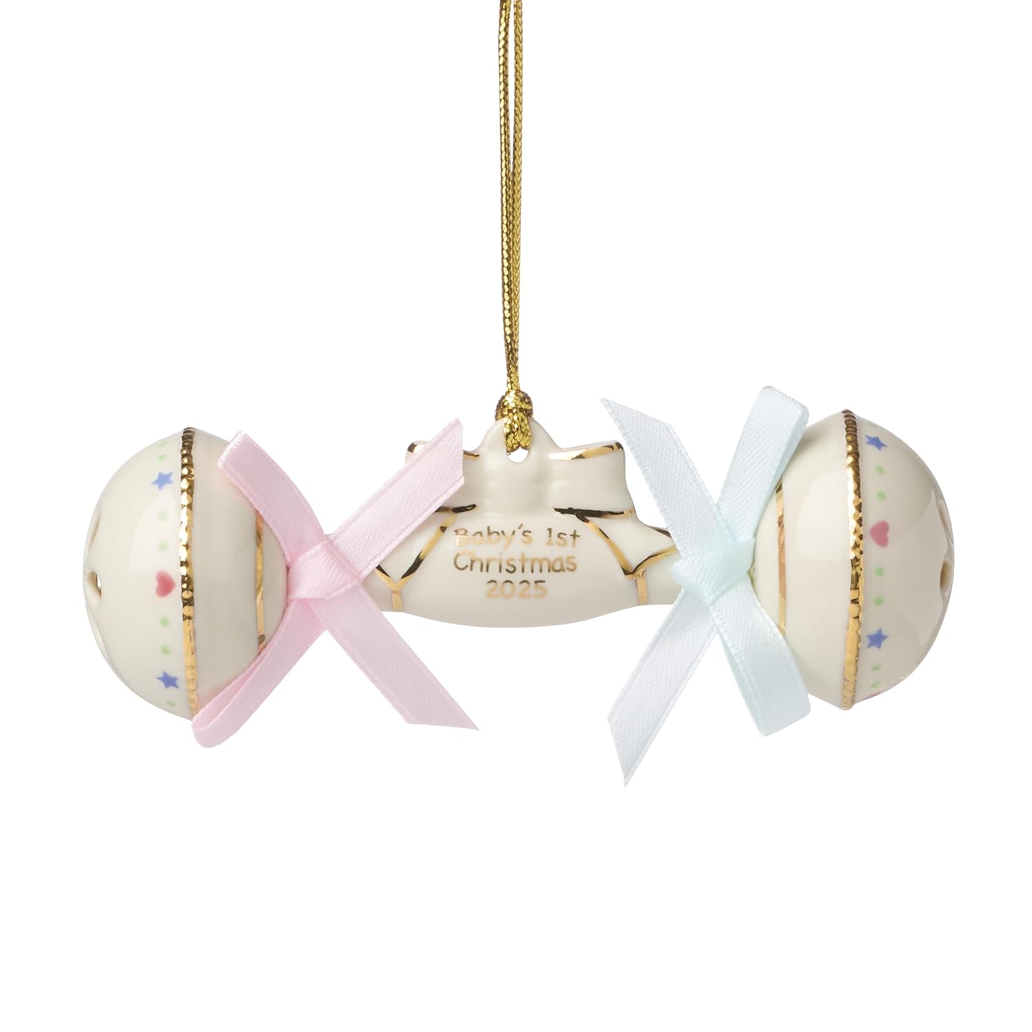 Lenox Ornament, 2025 Babys 1st Christmas Rattle Ornament, Porcelain with Gold Accents and Hanging Cord, Christmas Decorations, Blue/Pink Ribbons, Winter Tree Decor, Winter Decor...