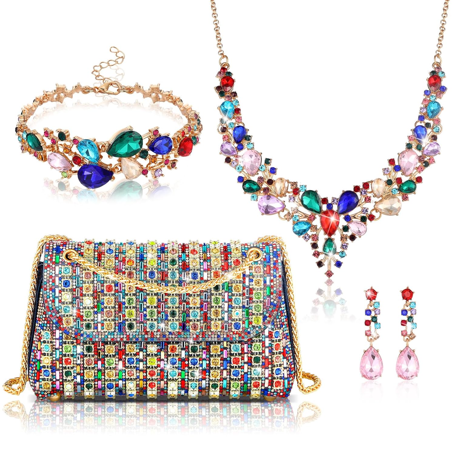 Quelay ​​​​4 Pcs Purse Rhinestone Jewelry Set for Wedding Bridal Women Handbag with Necklace Bracelet Dangle Earrings