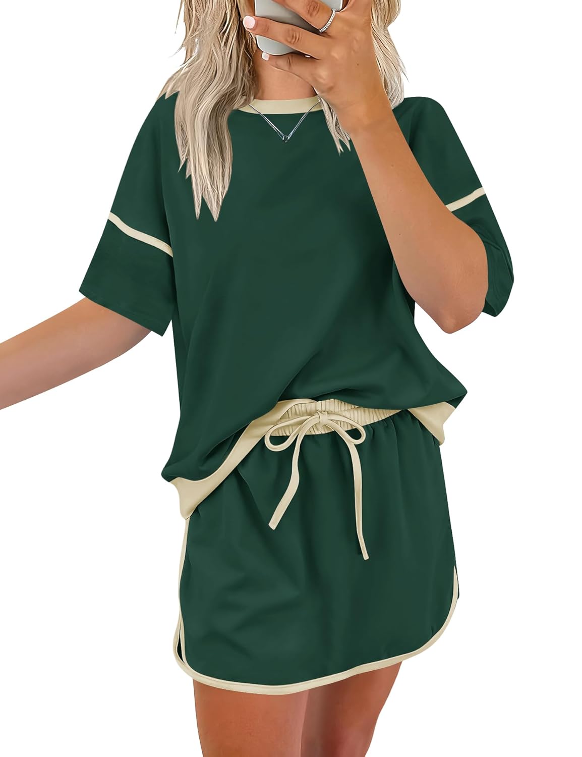 Rapbin Women's 2 Piece Sets Casual Colorblock Drop Shoulder T Shirt and Skort Set Summer Tracksuits