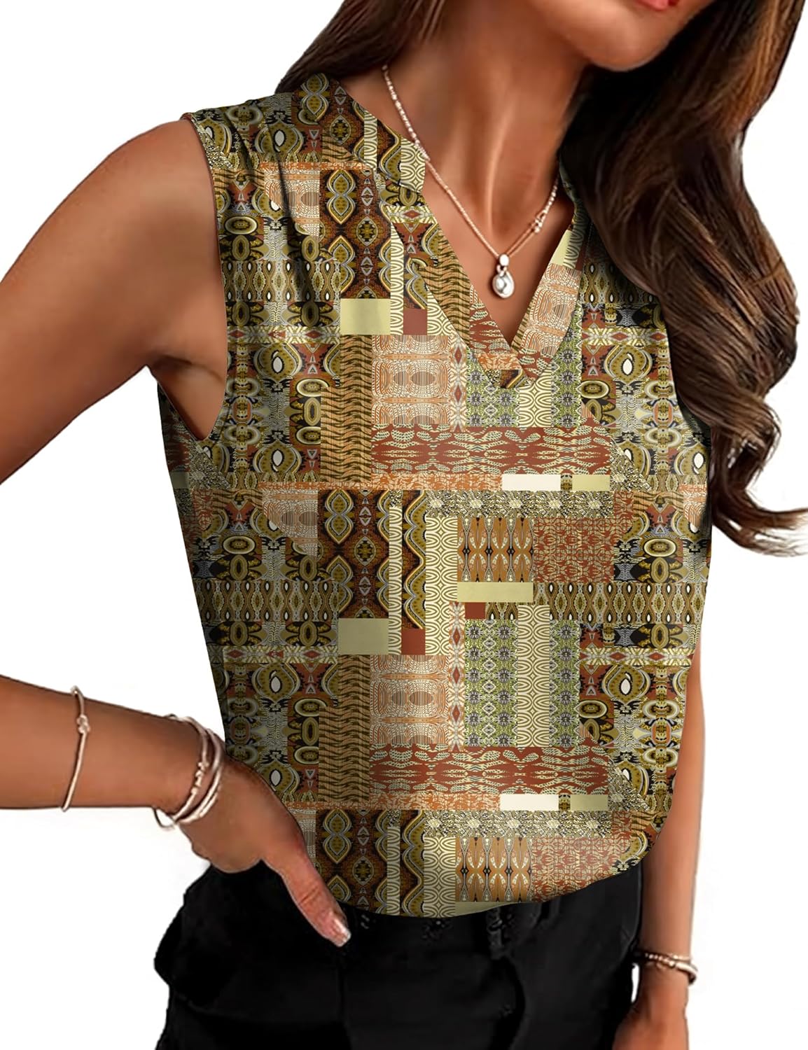 Rapbin Women's Silk Tank Tops V Neck Pleated Sleeveless Satin Blouses Spring Business Work Shirts