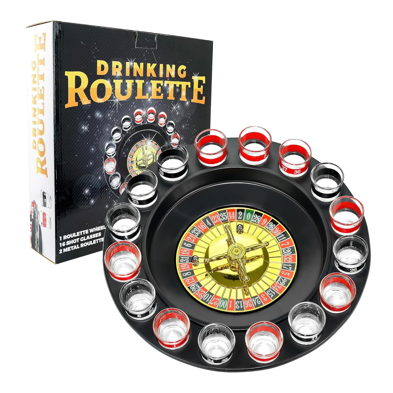 Shot Glass Roulette Drinking Game – 16-Piece Red/Black Set with 2 Metal Balls, Fun Adult Party Game for White Elephant, Game Nights, and Gifts