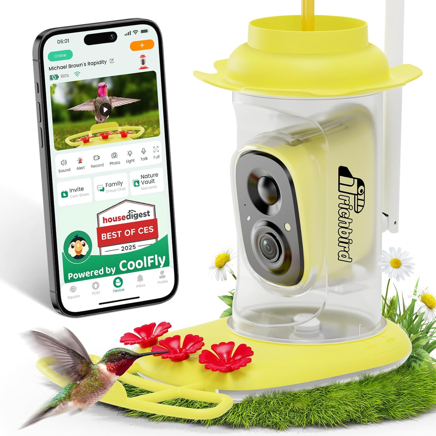 Smart Hummingbird Feeder with Camera Solar Powered, AI Identify, Instant Notification, Leakproof & Ant Moat, Outdoors Hanging, Idea Gift for Bird Lovers (20 oz)