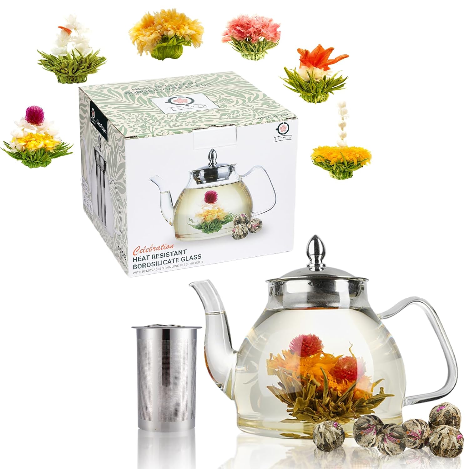 TETWIN Glass Teapot Including 6 Blooming Flower Tea Balls, Stovetop Safe Tea Pot with Removable Infuser for Loose Leaf Tea, 1000ml / 33.8oz