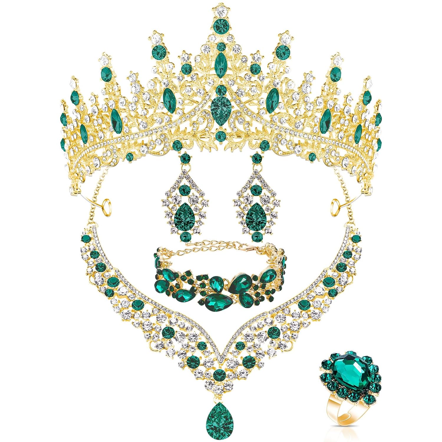 Tondiamo 6 Pcs Crystal Wedding Bridal Jewelry Set for Women include Tiaras, Crowns, Tiaras Earrings Necklace, Bracelet and Rind, Brides Wedding Party Costume Accessories Gifts