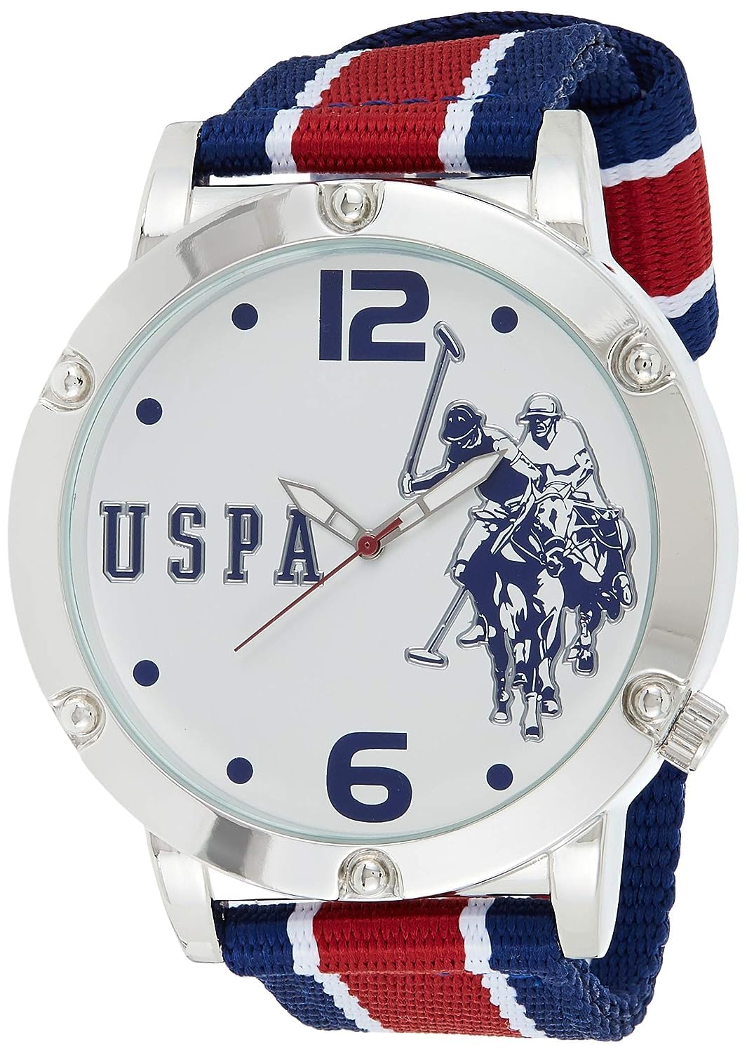 U.S. Polo Assn. Men's Analog Watch – White Dial with Red and Blue Striped Grosgrain Strap, Luminous Hands, and Adjustable Fit for Wrists 5.5" to 8"