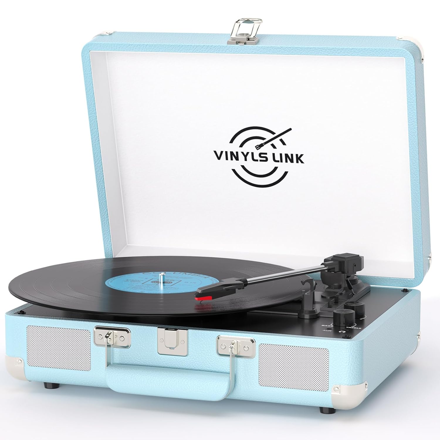 Vinyl Record Player 3-Speed Bass Control Bluetooth Suitcase Portable Belt-Driven Record Player with Built-in Speakers RCA Out Headphone Jack Vintage Turntable Blue