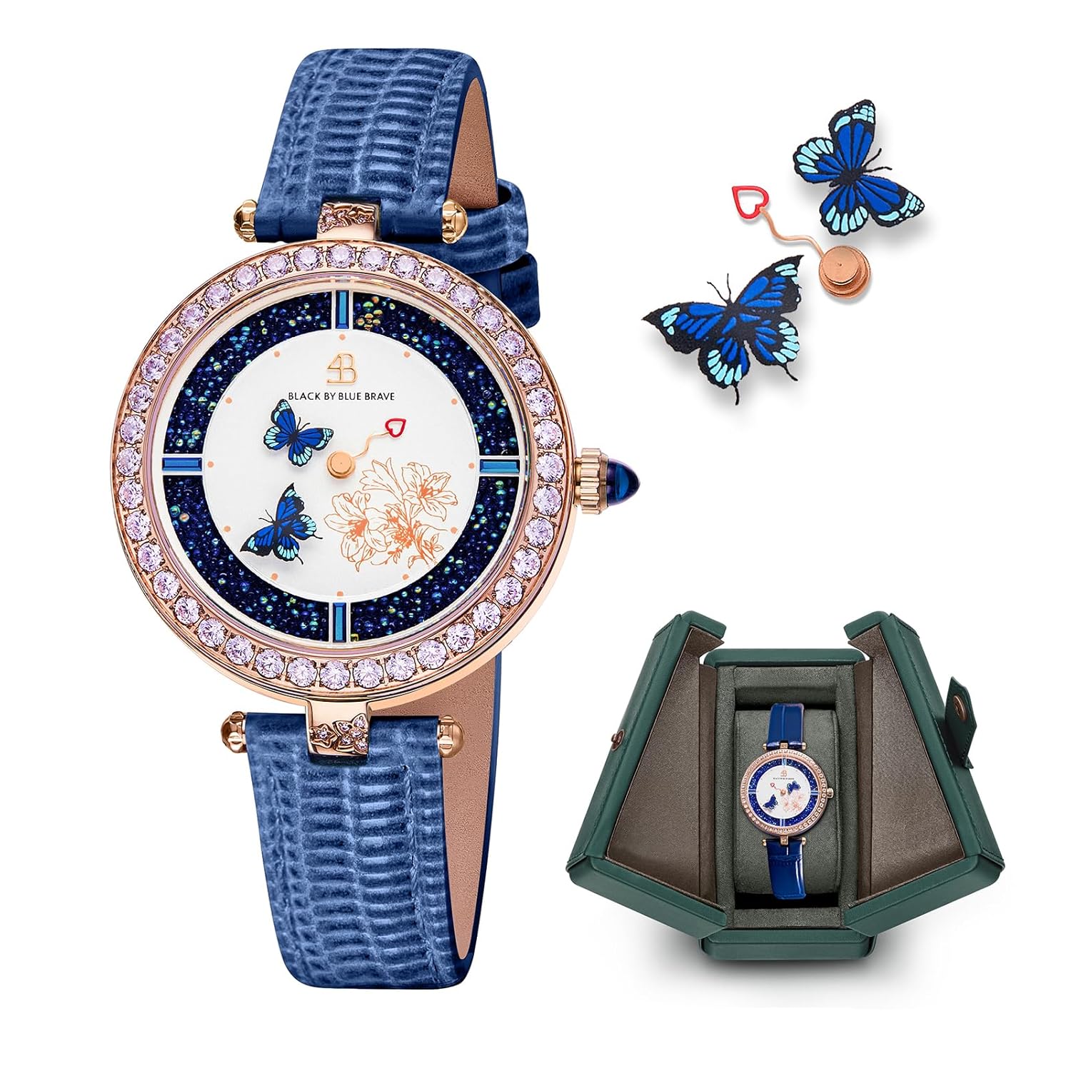 Women's Watch Butterfly Watches for Women Moving Butterflys Hands with Genuine Leather Strap Bee Watches for Women BLACK BY BLUE BRAVE Butterfly Lovers, Sapphire Crystal Glass...