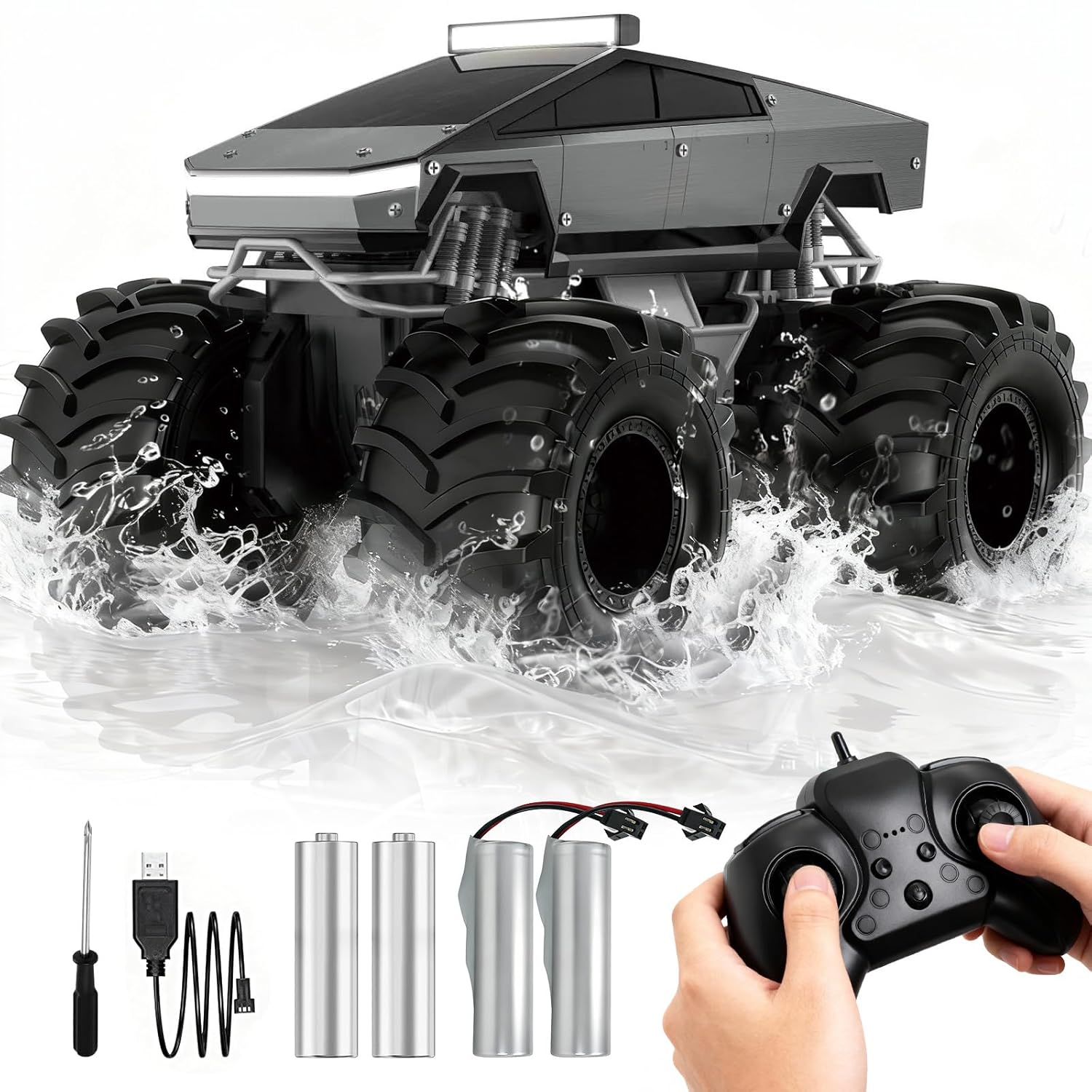 Cokzer Remote Control Car, 1:18 Amphibious RC Cars, 4WD All Terrain Off-Road Pickup, 2.4GHz Waterproof Cyber Truck, 360° Rotatable Monster Truck Toys for Boys Christmas Birthday...