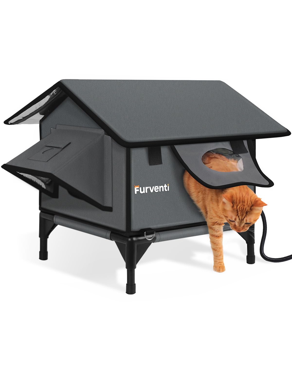 Heated Cat House for Outside,Extremely Weatherproof&Insulated in Winter,Elevated Outdoor Cat Shelter with Waterproof Eaves&Escape Door for Feral Stray Barn Cats(Dark Grey,S)