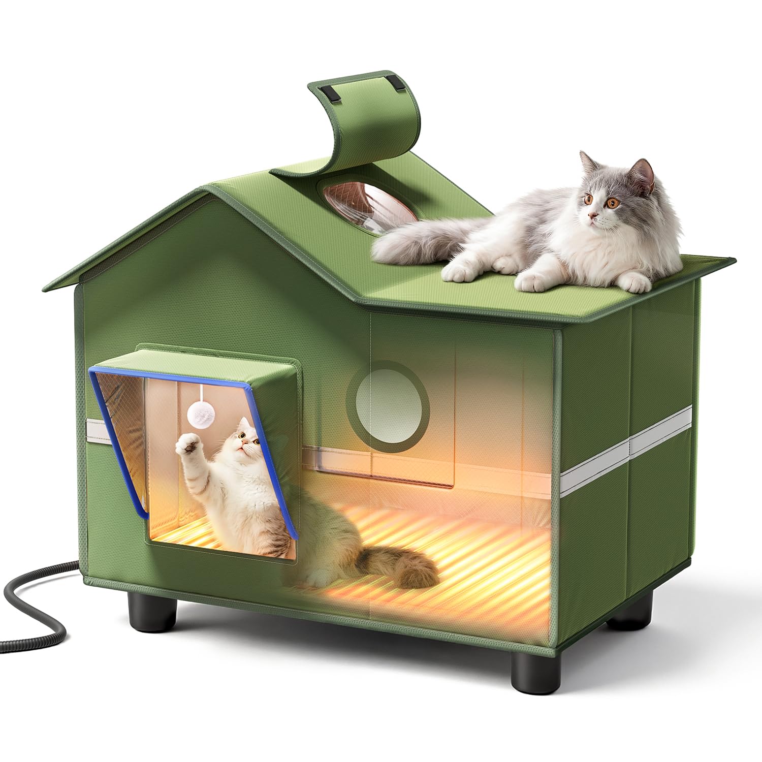 Heated Cat Shelter for Outside, Large Outdoor Cat House with Roof Window and Cozy Cushion, Weatherproof Foldable and Easy Assembly Design, Ideal for Stray and Feral Cats