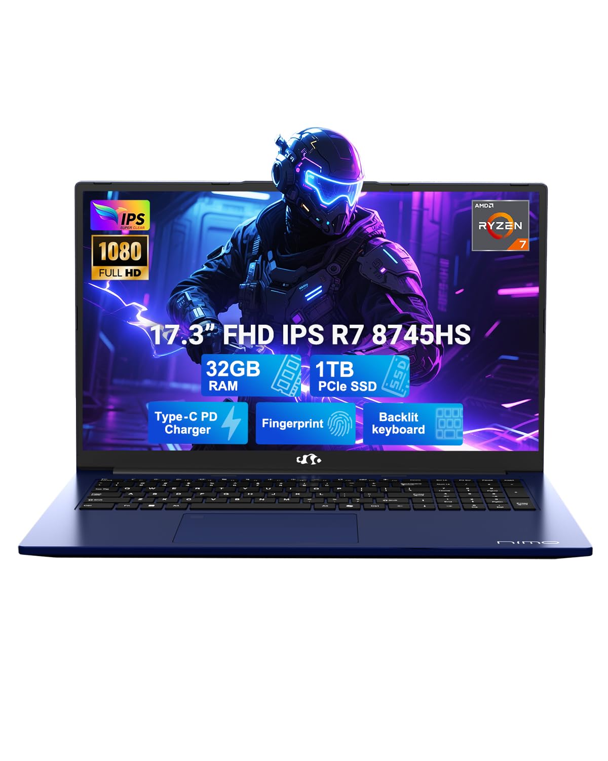 NIMO 17.3" Light-Gaming-Laptop, 8 Cores AMD Ryzen 7 8745HS 32GB DDR5 RAM 1TB SSD (Beat R9 6900HX, up to 4.9GHz) Radeon 780M GPU IPS FHD Computer with 100W Type-C Fingerprint,...