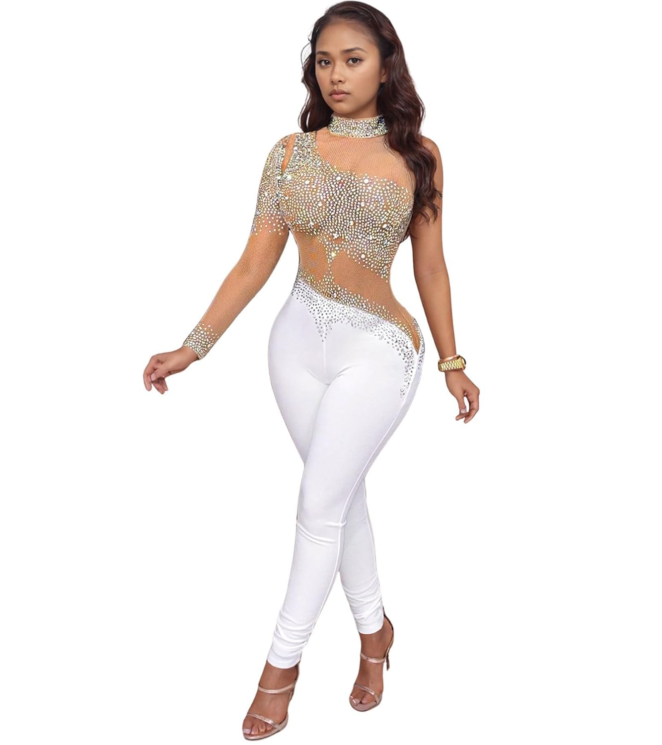 PORRCEY Women Sexy Elegant Rhinestone Mesh See Through Bodycon Jumpsuit Party Club Night Outfits Clubwear
