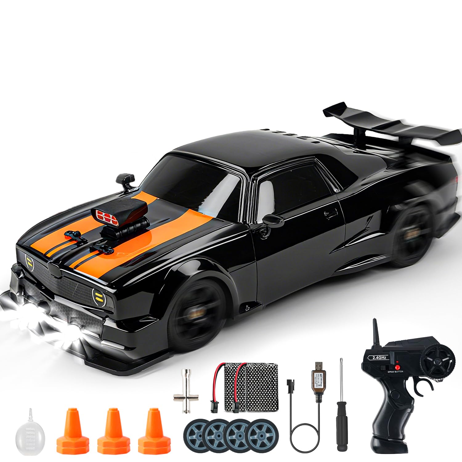 SANCO 1:16 Scale RC Drift Car with LED Lights & Spray, 2.4GHz High Speed Remote Control Car, Includes 2 Batteries & 2 Sets of Tires for Drifting & Racing, Toy Car for Kids and...