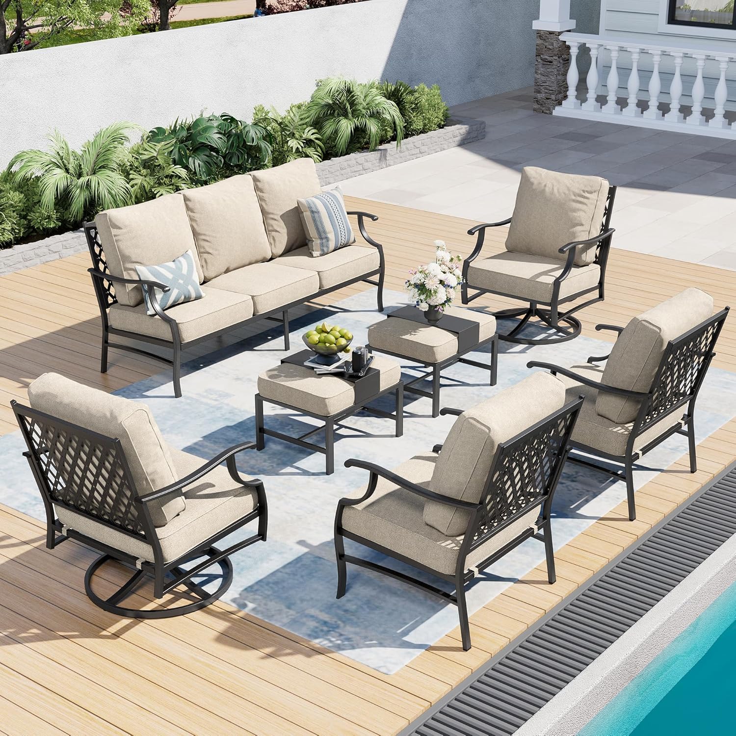 7 Piece Outdoor Patio Furniture Sets Metal Modern Outoor Patio Conversation Set with 5.75" Extra Thick Cushion for Deck Backyard