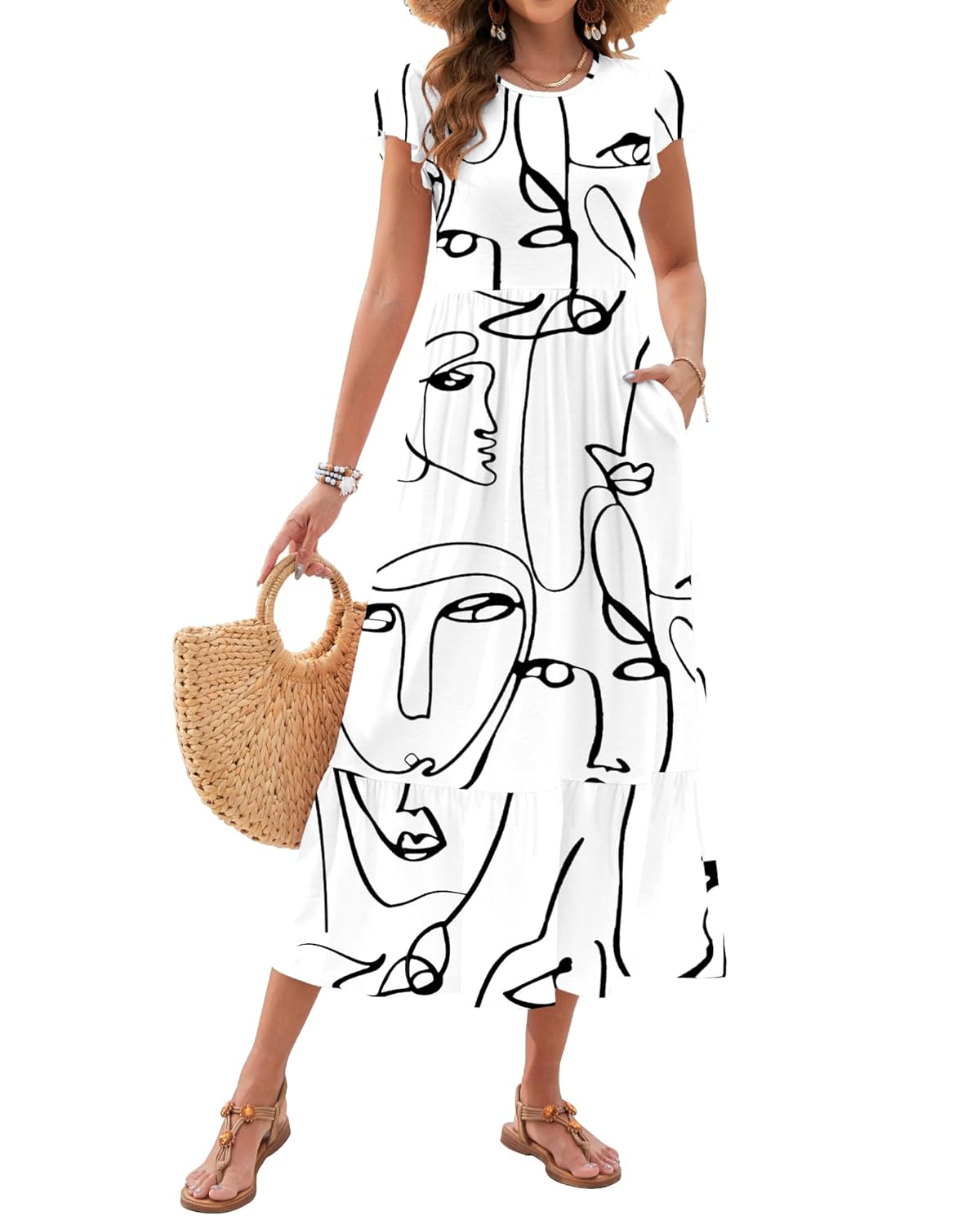 AUSELILY Womens Summer Maxi Dresses 2026 Casual Ruffle Sleeve Crewneck Loose Flowy Tiered Beach Sundress with Pockets