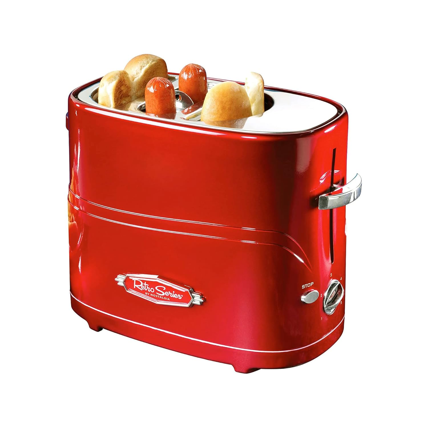 Nostalgia HDT600RETRORED Retro Pop-Up 2 Hot Dog and Bun Toaster, With Mini Tongs, Works With Chicken Dogs, Turkey Dogs, Veggie Links, Sausages and Brats