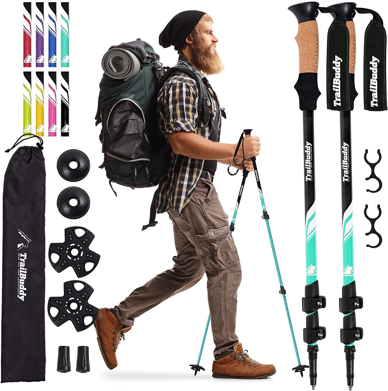 TrailBuddy Trekking Poles – Lightweight 7075 Aluminum Hiking Poles for Women, Men & Seniors – Collapsible or Foldable Walking Sticks for Travel, Trails & Balance