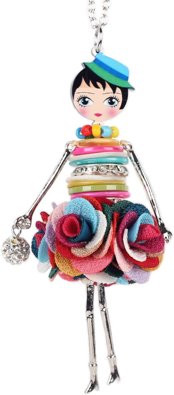 BONSNY Paris Doll Necklace Dress Handmade Pendant News Alloy Metal Crystal Flower Long Chain Fashion Jewelry