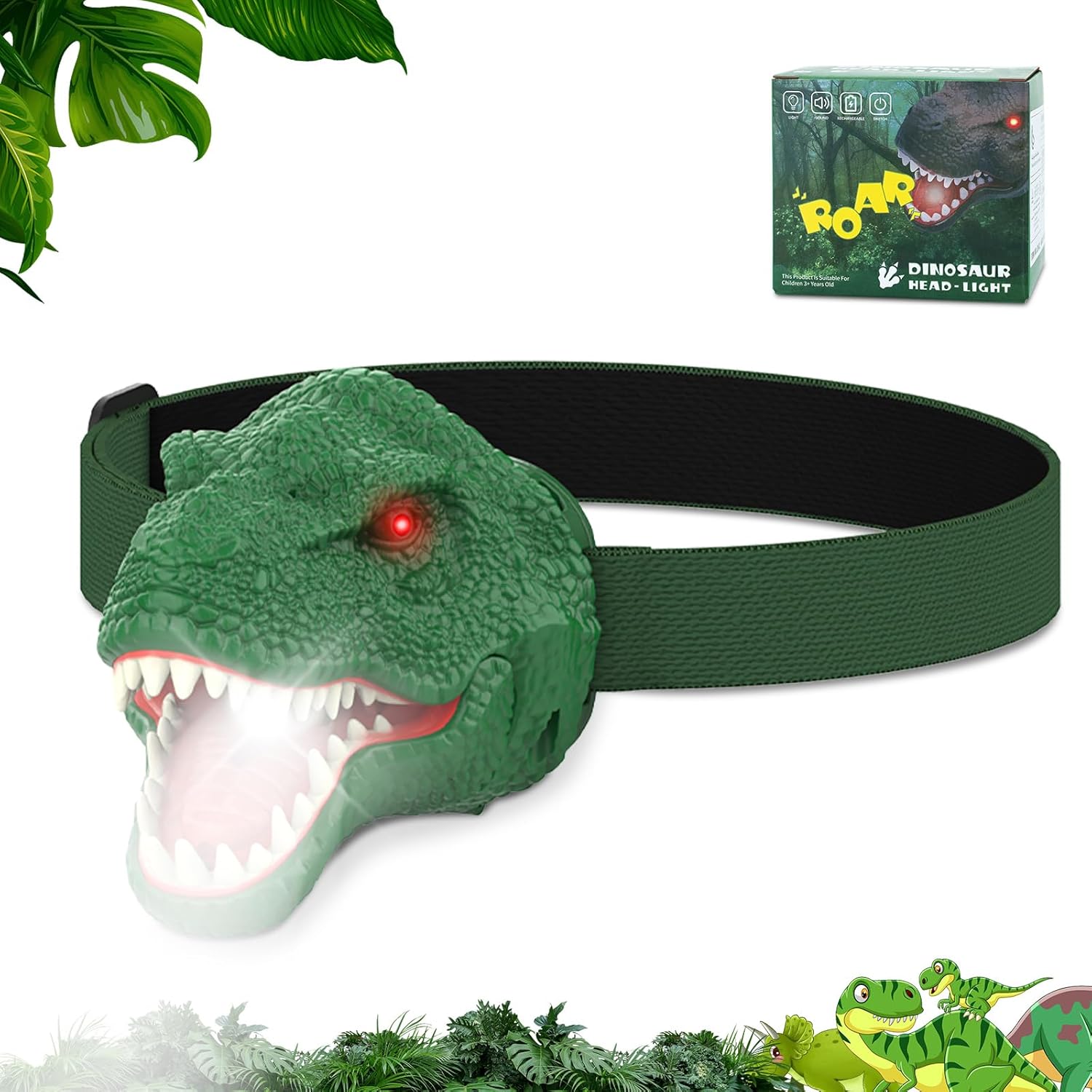 Dinosaur Headlamp for Kids Flashlight Led Headlights Roar & Silent Mode, T-Rex Dinosaur Toys for Kids 3-5 4-6 5-7 6-8, Camping Gear, Valentines Day Gifts for Boys Girls Adults