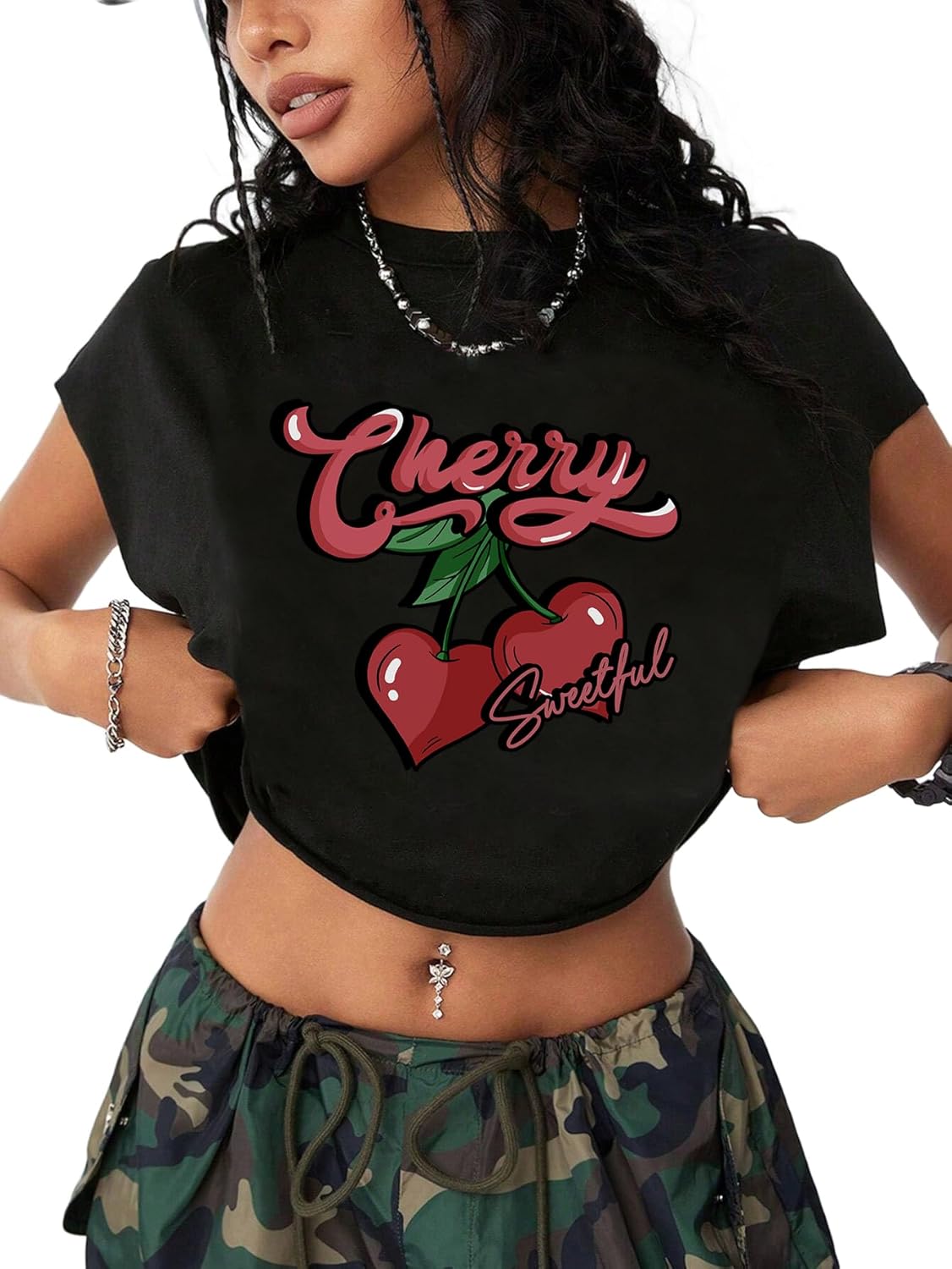 Hilinker Women's Graphic Cap Sleeve Crop Tops Cute Summer Loose Fit Crew Neck T Shirts