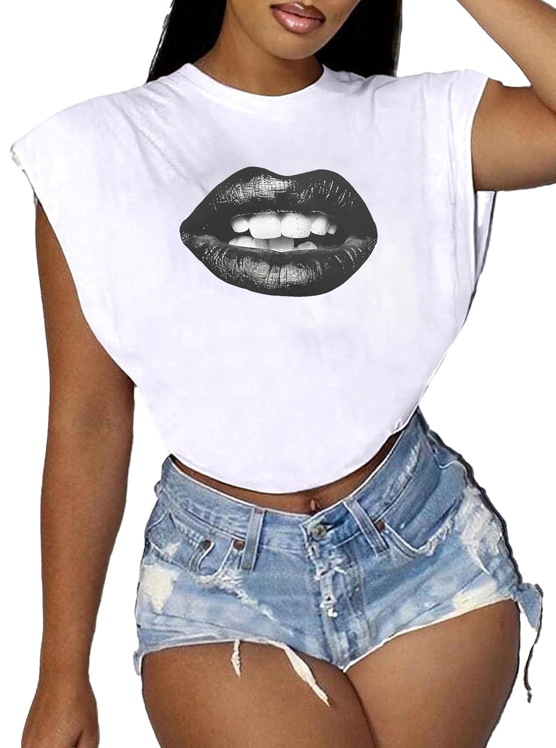 LovelyWholesale Womens Cropped Graphic Tees Cap Sleeve Tops Summer Short Sleeve T Shirts