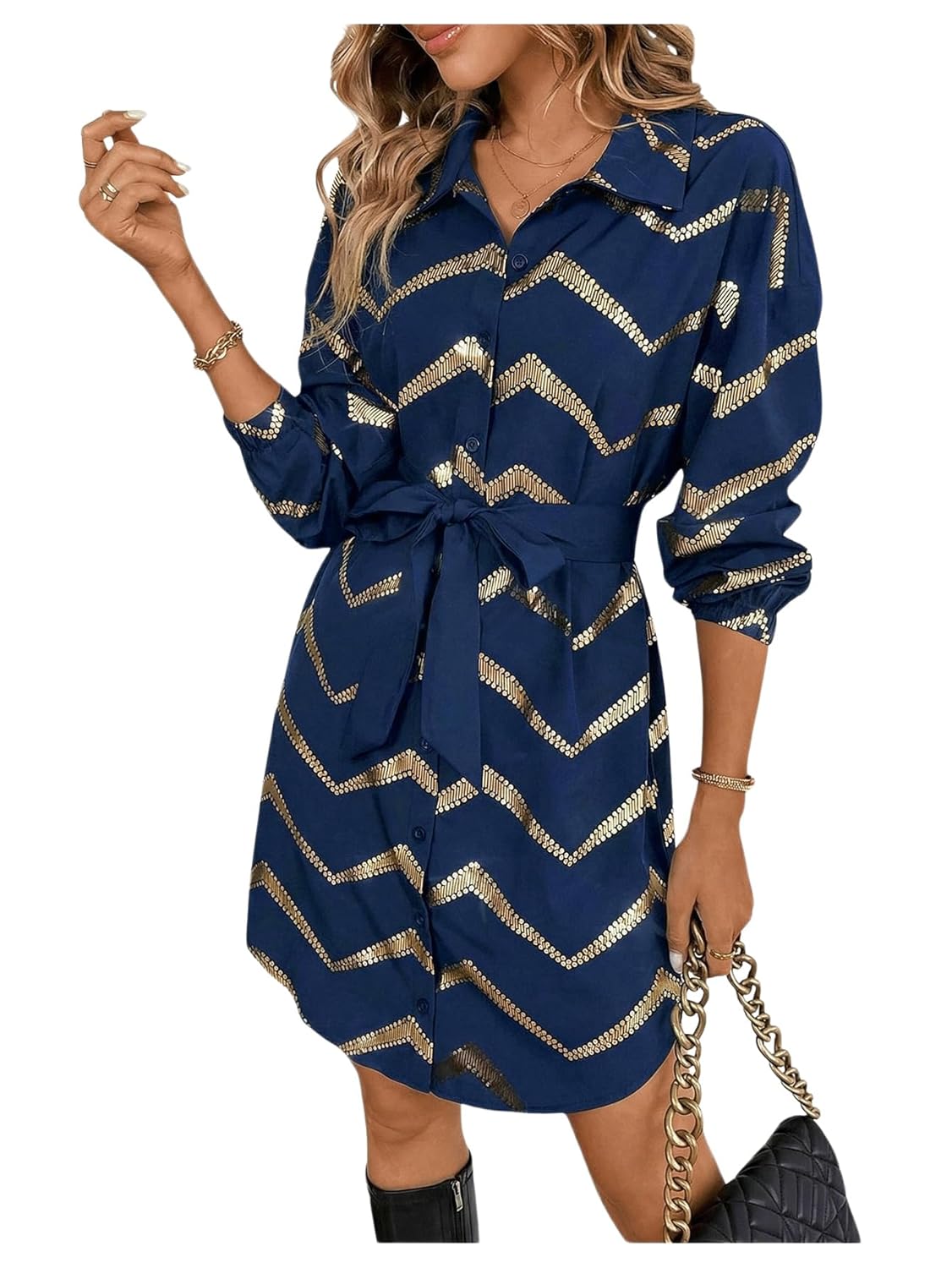 SweatyRocks Women's Metallic Gold Long Sleeve Dresses Collar Shirtdress Casino Night Party Outfit