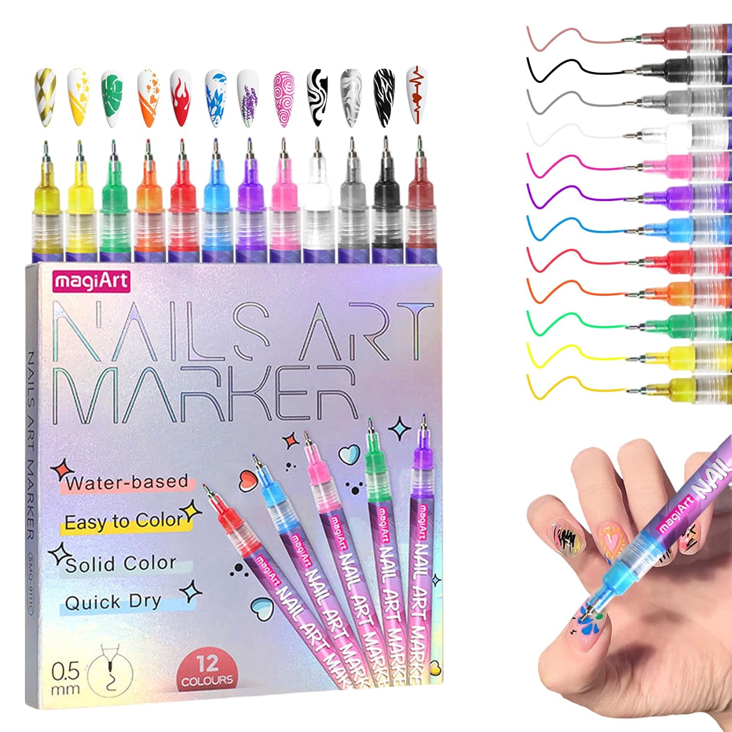 12 Colors Nail Art Pens Set, Nail Polish Marker with 0.5mm Fine Tip, 3D Nail Polish Pens Graffiti Dotting Liner Pen, Quick Dry & Water-Based DIY Nail Design Pens for Beginners &...