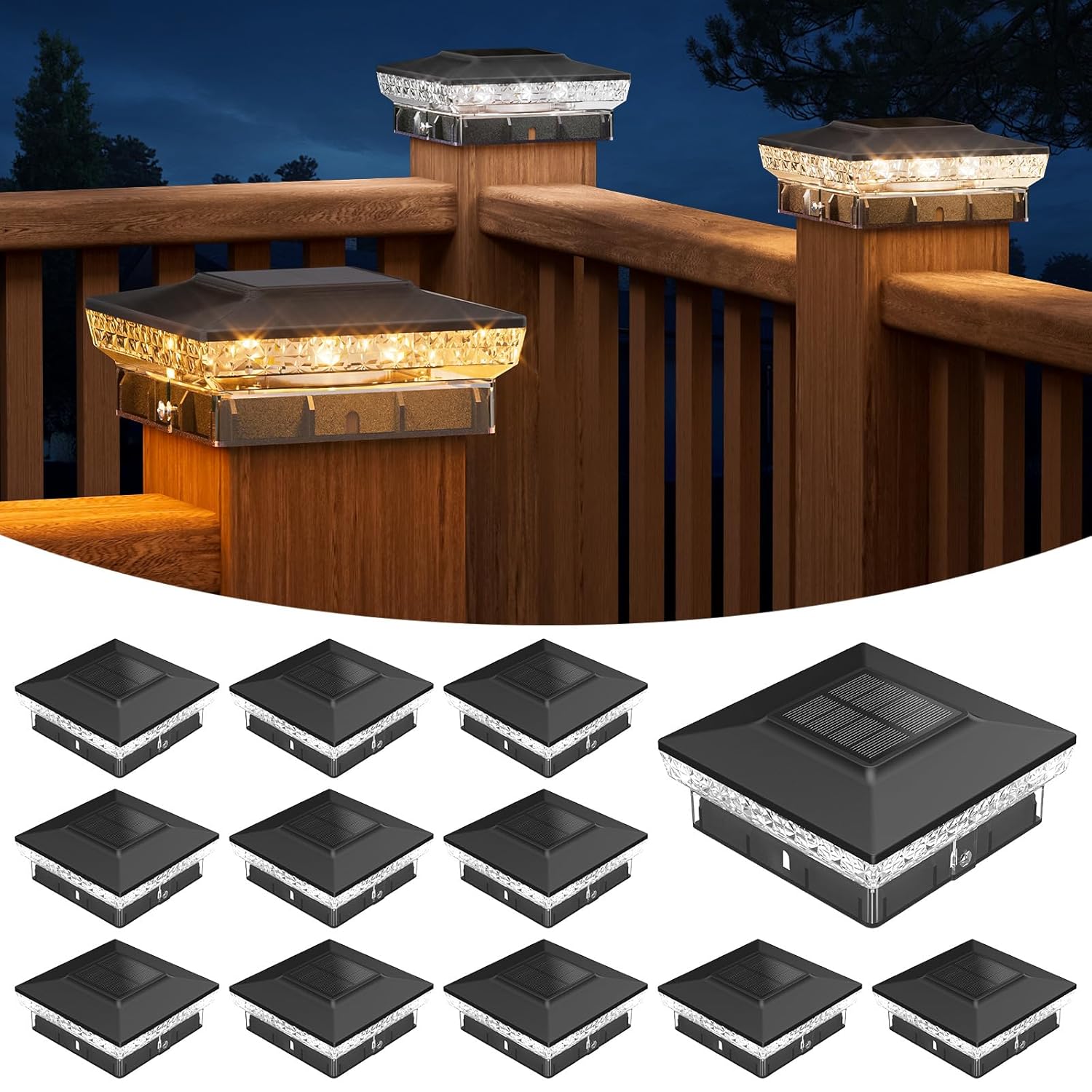 APONUO Solar Post Cap Lights for 4x4 Wood &Vinyl Posts, 3 Light Modes & 800mAh Battery, IP65 Waterproof Rugged Unibody, Solar Outdoor Lights for Fence, Deck & Patio (Black, 12...