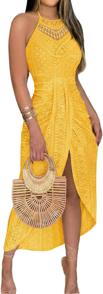CHICME Womens Summer Halter Dress Hollow Out A Line Vacation Dresses with Eyelet Embroidery & Side Slit