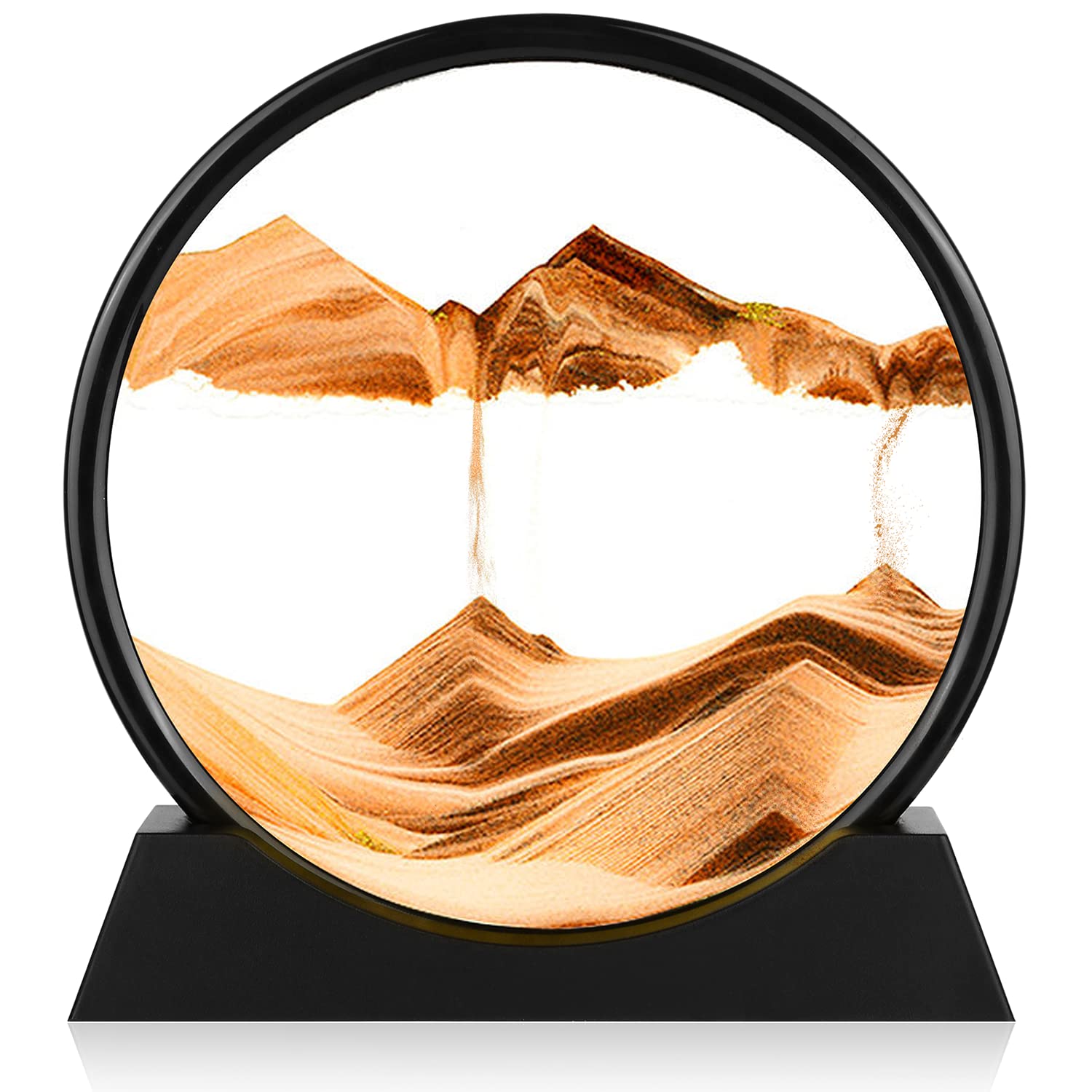 Herecanli Moving Sand Art Picture - 3D Quicksand Painting Decor - Round Glass 3D Deep Sea Sandscape - Relaxing Decoration for Home,Office,Desk,Mantle,Bookshelf,Room- (Yellow, 7 in)