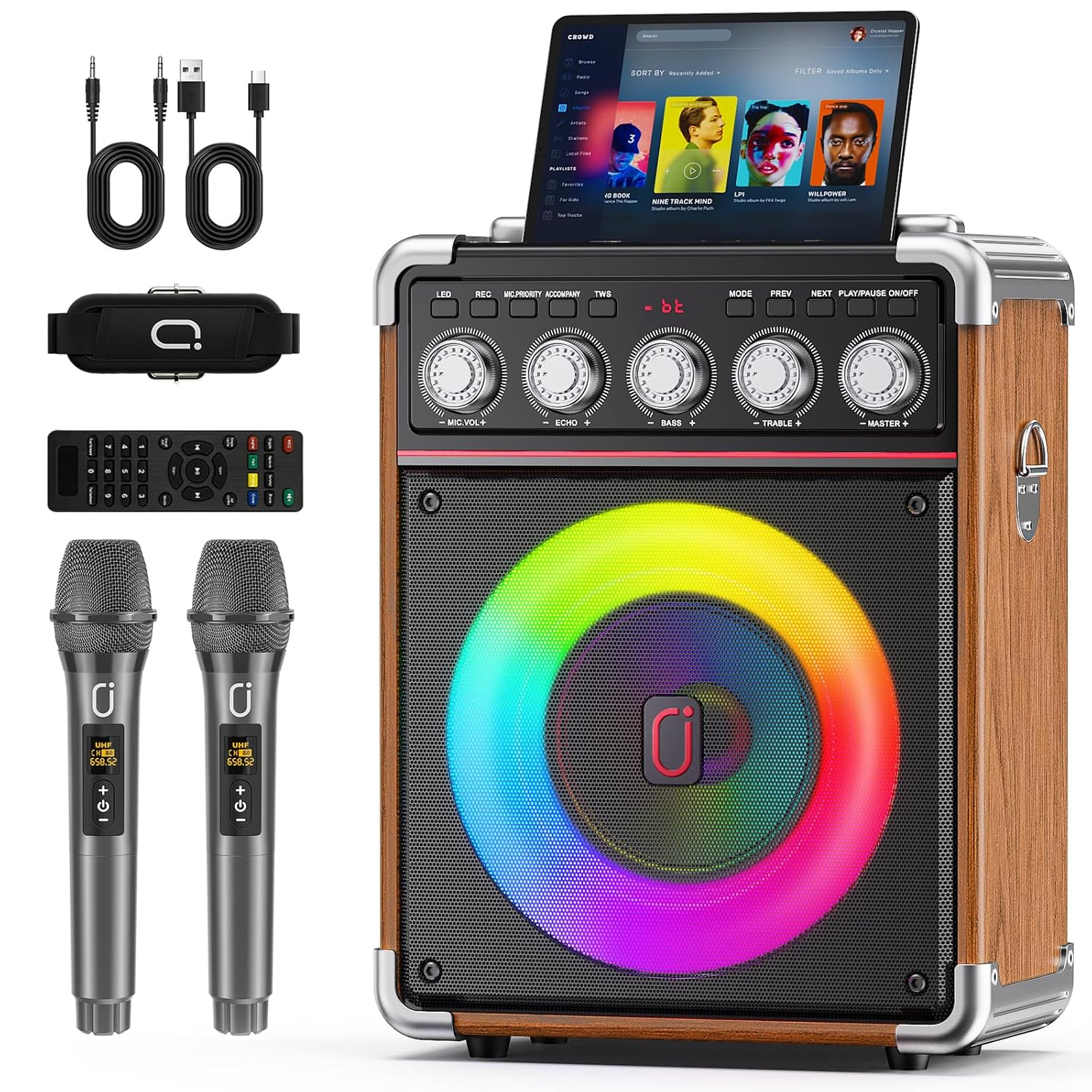 Karaoke Machine for Adults with 2 Wireless Microphones, Portable Bluetooth 5.3 Speaker with Bass/Treble/Echo Adjustment, PA System with Remote Control, Supports TWS/TV/TF...