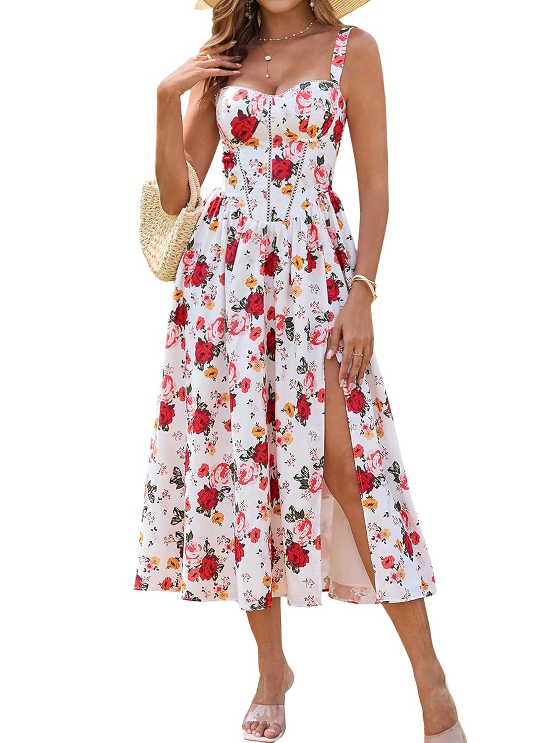 KUTUMAI Floral Corset Midi Dress Flowy Slit Summer Spring Wedding Guest Dresses for Women Sundress with Pockets