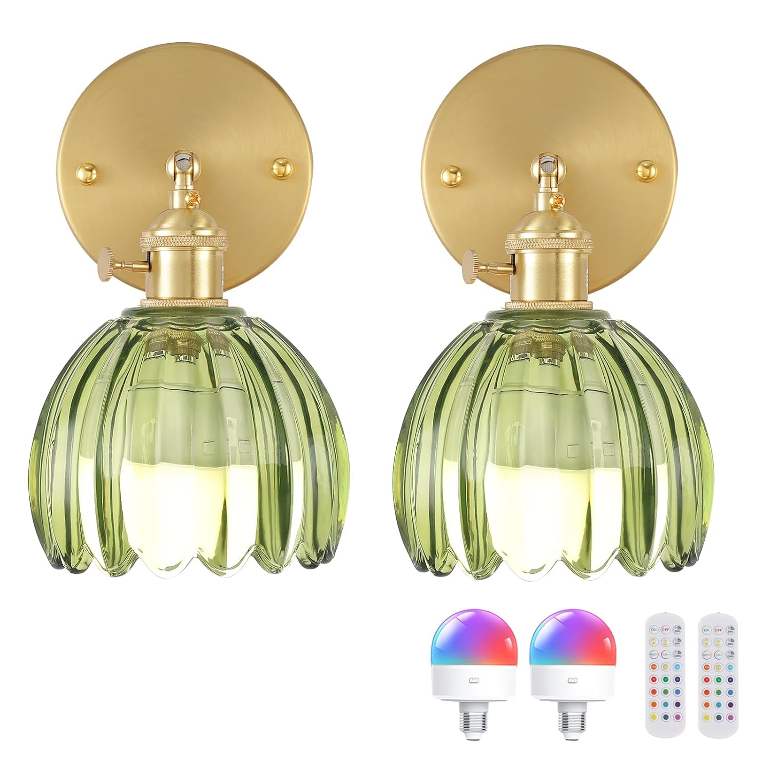Shenmoyl Vintage Battery Operated Wall Sconce with Green Tulip Glass Lampshade 5000 mAh Rechargeable Battery Powered Wall Light with Remote Control for Bedside Bedroom Doorway,...